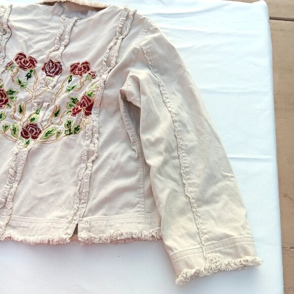 J Marco Embroidered Denim Jacket Frayed Stretch Beige Tan Shabby Chic Rose Large - Picture 6 of 7